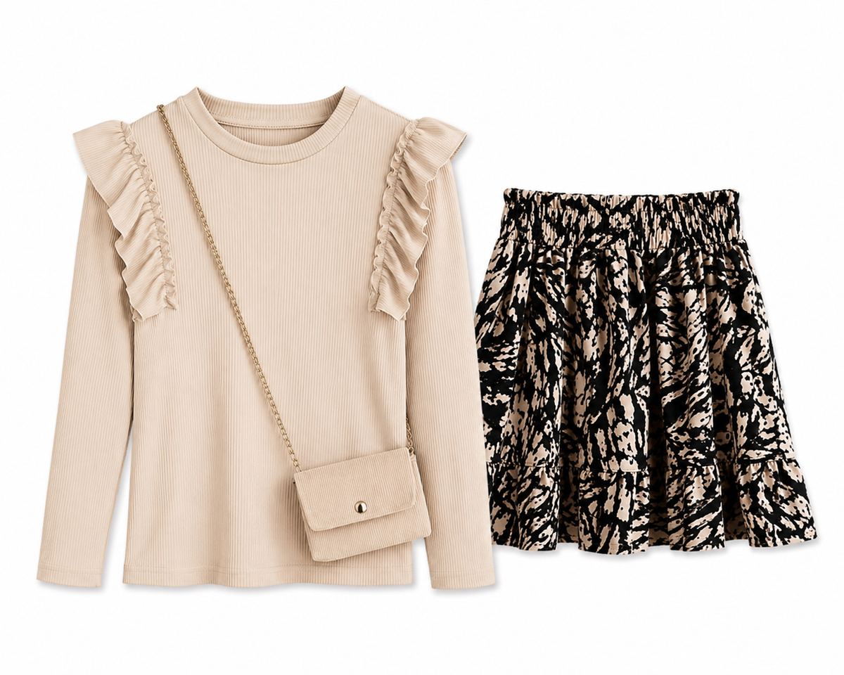 Meisjes Set Shirt, Rokje & Tasje – Beige