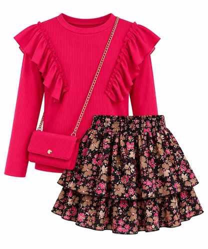 Meisjes set top, rok & tasje - fuchsia bloemen