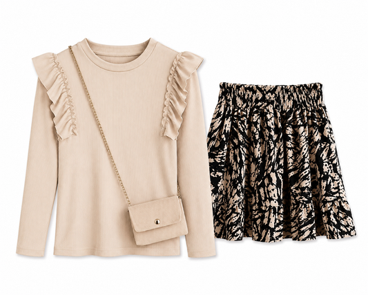Meisjes Set Shirt, Rokje & Tasje – Beige