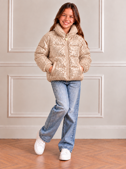 Meisjes winterjas glitter beige
