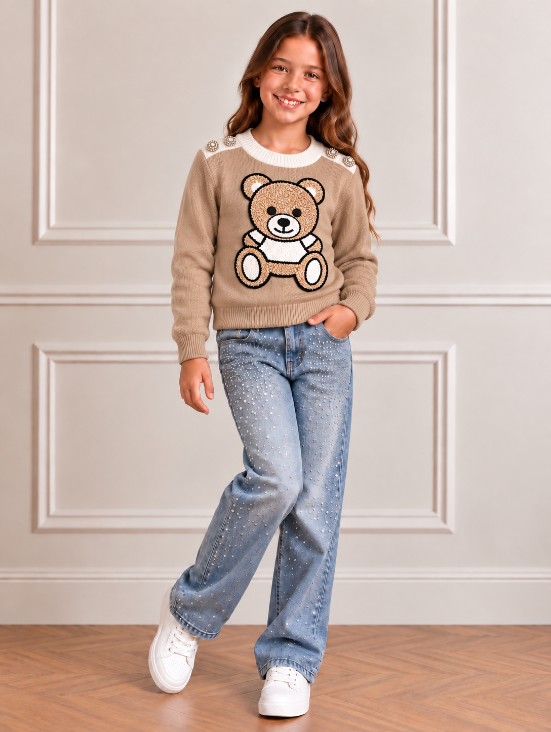 Meisjes trui beer beige