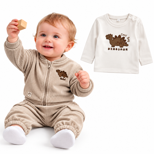 Baby jongenset drie delig dino beige